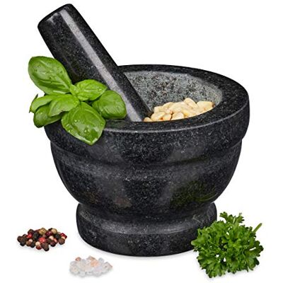 Relaxdays Granieten vijzel met stamper, robuust, voor specerijen, kruiden, gepolijste steenvijzel, d. 14 cm, 400 ml, grijs Relaxdays Granieten vijzel met stamper, robuust, voor specerijen, kruiden, gepolijste steenvijzel, d. 14 cm, 400 ml, grijs