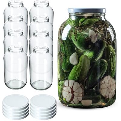 KADAX Set van 8 grote glazen potten van 4 liter met brede opening voor het inmaken, beitsen en fermenteren, inmaakpotten voor augurken en zuurkool met witte deksels KADAX Set van 8 grote glazen potten van 4 liter met brede opening voor het inmaken, beitsen en fermenteren, inmaakpotten voor augurken en zuurkool met witte deksels
