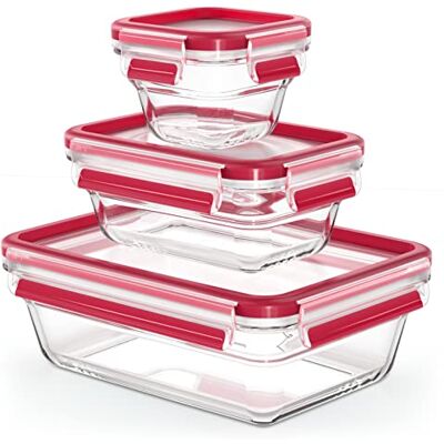 Emsa N10508 Clip & Close Glazen vershouddozen, 3-delig, 0,18/0,45/1,3 l, stapelbaar, vriesbestendig, ovenvast, magnetronbestendig, 100% dicht, vaatwasmachinebestendig, transparant/rood Emsa N10508 Clip & Close Glazen vershouddozen, 3-delig, 0,18/0,45/1,3 l, stapelbaar, vriesbestendig, ovenvast, magnetronbestendig, 100% dicht, vaatwasmachinebestendig, transparant/rood