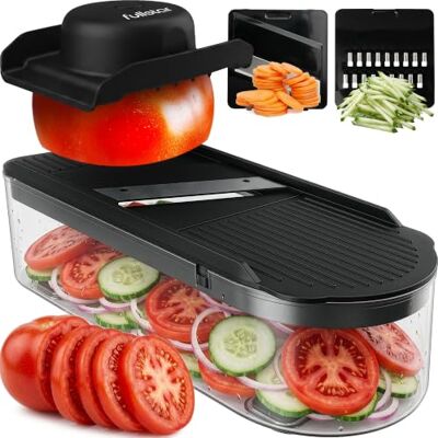 fullstar Essential Mandoline keuken, julienne snijder 2-in-1 Compacte schaal van 0,75 l en vingerbescherming – ruimtebesparende mandoline met scherpe roestvrijstalen messen (2-in-1 fullstar Essential Mandoline keuken, julienne snijder 2-in-1 Compacte schaal van 0,75 l en vingerbescherming – ruimtebesparende mandoline met scherpe roestvrijstalen messen (2-in-1