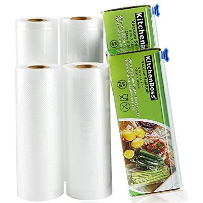 KitchenBoss Vacuümzakken voor levensmiddelen, 4 rollen 15 x 500 cm en 20 x 500 cm, totaal 20 m, (geen schaar meer) rollen wafelzakken, voor het bewaren van levensmiddelen en vacuümkoken KitchenBoss Vacuümzakken voor levensmiddelen, 4 rollen 15 x 500 cm en 20 x 500 cm, totaal 20 m, (geen schaar meer) rollen wafelzakken, voor het bewaren van levensmiddelen en vacuümkoken