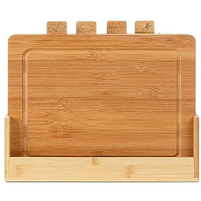 Florina Set van 4 snijplanken van bamboe met CHEF-standaard, natuurlijke planken met sappen I antibacterieel I universele planken voor kaas, vlees, fruit, groenten Florina Set van 4 snijplanken van bamboe met CHEF-standaard, natuurlijke planken met sappen I antibacterieel I universele planken voor kaas, vlees, fruit, groenten