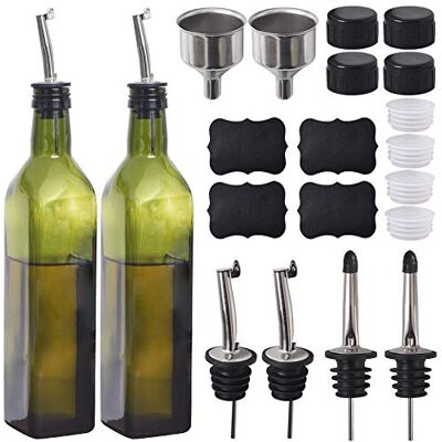 Newk Set van 2 glazen olijfolie van 500 ml voor olie en azijn met schenktuit + trechter, karaf, karaf voor de keuken, groen Newk Set van 2 glazen olijfolie van 500 ml voor olie en azijn met schenktuit + trechter, karaf, karaf voor de keuken, groen