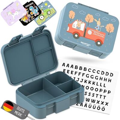 BEARFOOT Bento Box COMPACT BPA-vrije broodtrommel voor kinderen voor school & kleuterschool Lekvrije lunchbox voor meisjes & jongens (Brandweerwagen Konijntjes Blauw, 650 ml) BEARFOOT Bento Box COMPACT BPA-vrije broodtrommel voor kinderen voor school & kleuterschool Lekvrije lunchbox voor meisjes & jongens (Brandweerwagen Konijntjes Blauw, 650 ml)