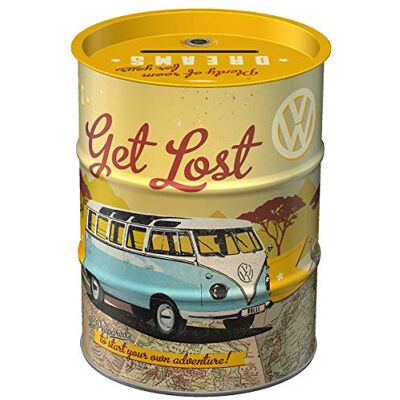 Retro spaarpot, 600 ml, VW Bulli Let's Get Lost cadeau-idee voor Volkswagen bus, officieel gelicentieerd product (OLP), metalen bankbiljettendoos, blikkaart Retro spaarpot, 600 ml, VW Bulli Let's Get Lost cadeau-idee voor Volkswagen bus, officieel gelicentieerd product (OLP), metalen bankbiljettendoos, blikkaart