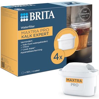Brita Set van 4 MAXTRA PRO Expert anti-kalkfilterpatronen – 50% sterkere anti-kalkformule vs All-in-1 – vermindert ook chloor, fijne deeltjes ≥ 30 µm en sommige metalen Brita Set van 4 MAXTRA PRO Expert anti-kalkfilterpatronen – 50% sterkere anti-kalkformule vs All-in-1 – vermindert ook chloor, fijne deeltjes ≥ 30 µm en sommige metalen