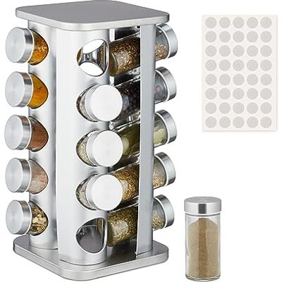 Relaxdays Kruidencarrousel, 20 kruidenpotjes, 40 etiketten, 360 graden draaibaar, roestvrij staal, glas, h x d: 33,5 x 20 x 20 cm, zilver Relaxdays Kruidencarrousel, 20 kruidenpotjes, 40 etiketten, 360 graden draaibaar, roestvrij staal, glas, h x d: 33,5 x 20 x 20 cm, zilver