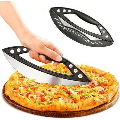 TENGWA Pizzasnijder 29,6 cm van roestvrij staal met beschermkap, kruidenwieg, zelfklevende coating met 6 kruidengaten, machinewasbaar, geschikt voor gebak en Couteau à pizza tranchant avec protection de lame, plus efficace que le rouleau à pizza pour pi TENGWA Pizzasnijder 29,6 cm van roestvrij staal met beschermkap, kruidenwieg, zelfklevende coating met 6 kruidengaten, machinewasbaar, geschikt voor gebak en Couteau à pizza tranchant avec protection de lame, plus efficace que le rouleau à pizza pour pi