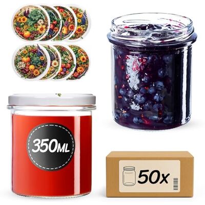 KADAX 50 stuks jampotten 350 ml met schroefdeksel 82 mm kleine glazen potten met deksel voor conserveren, bewaren en bewaren (groentebed KADAX 50 stuks jampotten 350 ml met schroefdeksel 82 mm kleine glazen potten met deksel voor conserveren, bewaren en bewaren (groentebed