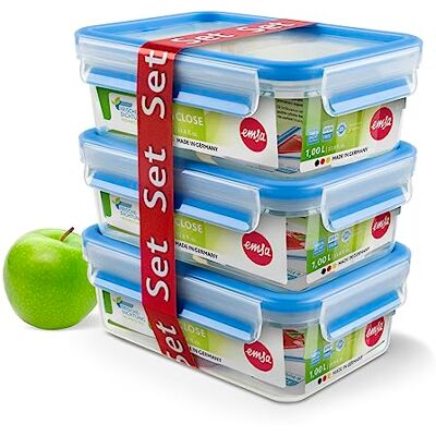 Emsa CLIP&CLOSE 508558 set van 3 vershouddozen van kunststof, rechthoekig, 1 l, 100% luchtdicht en hygiënisch, transparant/blauw Emsa CLIP&CLOSE 508558 set van 3 vershouddozen van kunststof, rechthoekig, 1 l, 100% luchtdicht en hygiënisch, transparant/blauw