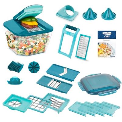 Genius Nicer Dicer Chef Professional Handmatige groentesnijder, 23-delig, met grote opvangbak, 5,2 l, vershouddeksel, spiraalinzetstukken, Julienne tomatensnijder, saladesnijder met receptenboek Genius Nicer Dicer Chef Professional Handmatige groentesnijder, 23-delig, met grote opvangbak, 5,2 l, vershouddeksel, spiraalinzetstukken, Julienne tomatensnijder, saladesnijder met receptenboek