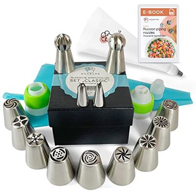 Wenburg 38-delige set. Russische roestvrijstalen spuitmonden: 11 grote spuitmonden, 2 vellen, 3 adapters, 1 siliconen en 20 wegwerpspuitzakken, handleiding (mogelijk niet beschikbaar in het Nederlands). Geschikt voor gebak en cupcake-decoratie. Bloemen (C Wenburg 38-delige set. Russische roestvrijstalen spuitmonden: 11 grote spuitmonden, 2 vellen, 3 adapters, 1 siliconen en 20 wegwerpspuitzakken, handleiding (mogelijk niet beschikbaar in het Nederlands). Geschikt voor gebak en cupcake-decoratie. Bloemen (C