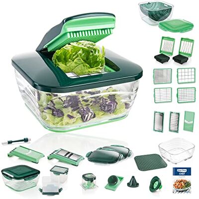 Genius Nicer Dicer Chef Deluxe XXL 37-delig met glazen kom, tomatensnijder en groentesnijder, 3-in-1 uiensnijder, frietsnijder, groen Genius Nicer Dicer Chef Deluxe XXL 37-delig met glazen kom, tomatensnijder en groentesnijder, 3-in-1 uiensnijder, frietsnijder, groen