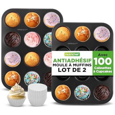 NutriChef Set van 2 muffinplaten 12 kopjes Stapelbaar staal, vaatwasmachinebestendig en ovenbestendig, 100 bakvormen inbegrepen, zwart NutriChef Set van 2 muffinplaten 12 kopjes Stapelbaar staal, vaatwasmachinebestendig en ovenbestendig, 100 bakvormen inbegrepen, zwart