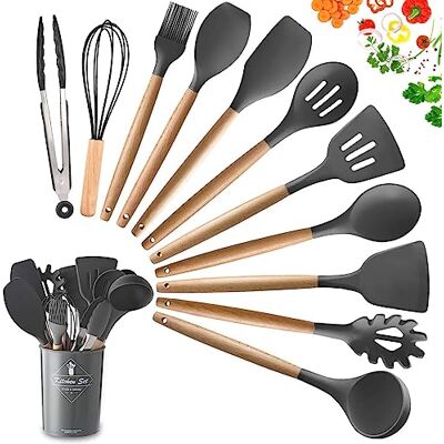 DOPGL Keukengerei Set 11 stuks, premium houten handvat siliconen kookgerei, BPA-vrij, grijs inclusief voedseltang, schrapers, serveerlepel, sleufdraaier, spaghettiserver, eigarde, sleuflepel DOPGL Keukengerei Set 11 stuks, premium houten handvat siliconen kookgerei, BPA-vrij, grijs inclusief voedseltang, schrapers, serveerlepel, sleufdraaier, spaghettiserver, eigarde, sleuflepel