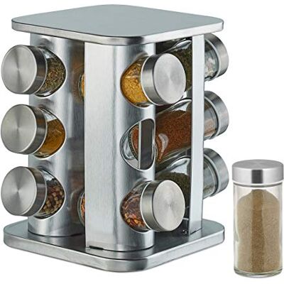 Relaxdays 10032727 Kruidendraaier met 12 potten, 360° draaibaar rek, roestvrij staal, glas, h x d 22 x 19 cm, carrousel, zilver Relaxdays 10032727 Kruidendraaier met 12 potten, 360° draaibaar rek, roestvrij staal, glas, h x d 22 x 19 cm, carrousel, zilver
