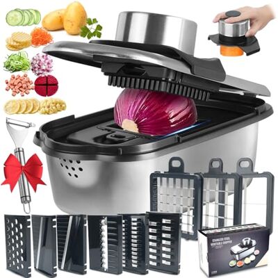 Ecopandy 9-in-1 groentesnijder, mandoline snijder 2 l, voedselhakmolen met messen van 304 roestvrij staal, multifunctioneel mes en kaasrasp voor uien, salade, keukengadget Ecopandy 9-in-1 groentesnijder, mandoline snijder 2 l, voedselhakmolen met messen van 304 roestvrij staal, multifunctioneel mes en kaasrasp voor uien, salade, keukengadget