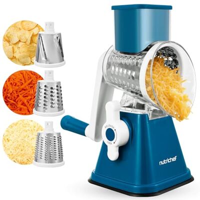 NutriChef Roterende rasp voor kaas en groenten, 3 schijven van roestvrij BPA-vrij, antislip zuignap, julienne snijden, wortelen, courgettes, komkommers, prei, eenvoudige demontage NutriChef Roterende rasp voor kaas en groenten, 3 schijven van roestvrij BPA-vrij, antislip zuignap, julienne snijden, wortelen, courgettes, komkommers, prei, eenvoudige demontage