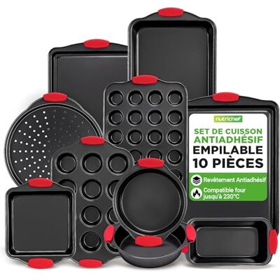 NutriChef NCSBS10S 10 stuks bakplaten met antiaanbaklaag van koolstofstaal met rode siliconen handgrepen, ovenbestendig, strijkijzer, koekjesplaat NutriChef NCSBS10S 10 stuks bakplaten met antiaanbaklaag van koolstofstaal met rode siliconen handgrepen, ovenbestendig, strijkijzer, koekjesplaat