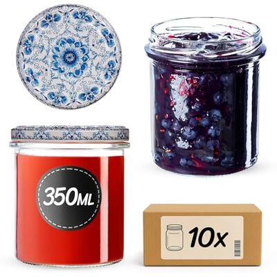 KADAX Set van 10 jampotten, 350 ml, met schroefdeksel fi82 mm, kleine glazen potten met deksel, voor bewaren en bewaren (wit/blauw) KADAX Set van 10 jampotten, 350 ml, met schroefdeksel fi82 mm, kleine glazen potten met deksel, voor bewaren en bewaren (wit/blauw)