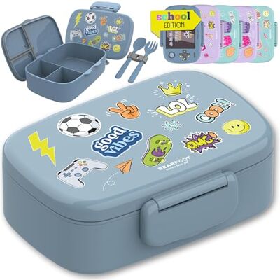 BEARFOOT Lunchbox voor kinderen met vakken, BPA-vrij, broodtrommel voor meisjes en jongens, 100% waterdicht, voor kleuterschool, school (blauwe sticker) BEARFOOT Lunchbox voor kinderen met vakken, BPA-vrij, broodtrommel voor meisjes en jongens, 100% waterdicht, voor kleuterschool, school (blauwe sticker)