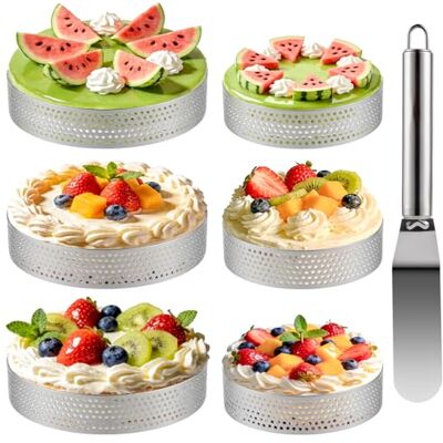 Liuliushun Set van 6 taartvormen van schuim, dessertringen, 8 cm, 10 cm, geperforeerde roestvrijstalen ringen voor mini-muffins, taarten, quiches, pizza, met 1 spatel van 22 cm Liuliushun Set van 6 taartvormen van schuim, dessertringen, 8 cm, 10 cm, geperforeerde roestvrijstalen ringen voor mini-muffins, taarten, quiches, pizza, met 1 spatel van 22 cm