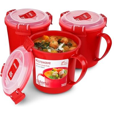 Sistema Microwave Soepbekers, middelgroot, microgolfovenhouder, 656 ml, BPA-vrij, rood, 3 stuks Sistema Microwave Soepbekers, middelgroot, microgolfovenhouder, 656 ml, BPA-vrij, rood, 3 stuks