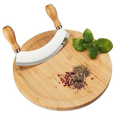 Relaxdays Wiegmes met plank, bamboe en roestvrij staal, eenvoudig, snijplank voor kruiden, uien, noten Ø 25 cm, keuken, natuur/zilver Relaxdays Wiegmes met plank, bamboe en roestvrij staal, eenvoudig, snijplank voor kruiden, uien, noten Ø 25 cm, keuken, natuur/zilver