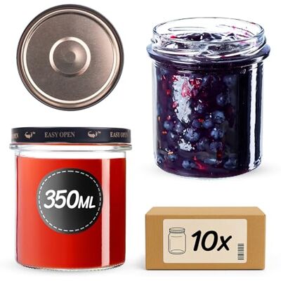 KADAX Set van 10 jampotten 350 ml met schroefdeksel fi82 mm, kleine jampotten, glazen potten voor conserveren, bewaren en bewaren (zwart/goud) KADAX Set van 10 jampotten 350 ml met schroefdeksel fi82 mm, kleine jampotten, glazen potten voor conserveren, bewaren en bewaren (zwart/goud)
