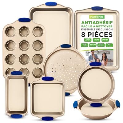 NutriChef Bakplaten voor de keuken – bakgerei set met goudkleurige antiaanbaklaag binnen en buiten, koolstofstaal met blauwe siliconen handgrepen, duurzaam NutriChef Bakplaten voor de keuken – bakgerei set met goudkleurige antiaanbaklaag binnen en buiten, koolstofstaal met blauwe siliconen handgrepen, duurzaam
