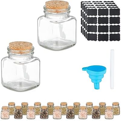 Relaxdays 20 stuks kruidenpotjes van glas met etiketten en trechter, kurkdeksel, transparant/naturel, 100 ml Relaxdays 20 stuks kruidenpotjes van glas met etiketten en trechter, kurkdeksel, transparant/naturel, 100 ml