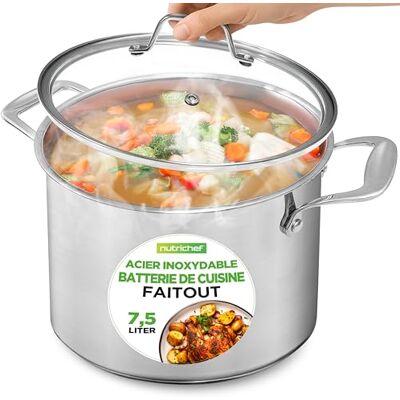 NutriChef Kookpan van roestvrij staal, 7,5 l, grote robuuste kookpan in levensmiddelenkwaliteit 18/8 voor bouillon, soepen en sauzen, met transparant glazen deksel, compatibel met alle NutriChef Kookpan van roestvrij staal, 7,5 l, grote robuuste kookpan in levensmiddelenkwaliteit 18/8 voor bouillon, soepen en sauzen, met transparant glazen deksel, compatibel met alle
