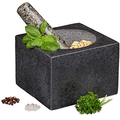 Relaxdays Vijzel met stamper, graniet, gepolijst, voor specerijen en kruiden, 500 ml, steenvijzel B x D: 14,5 x 14,5 cm, donkergrijs Relaxdays Vijzel met stamper, graniet, gepolijst, voor specerijen en kruiden, 500 ml, steenvijzel B x D: 14,5 x 14,5 cm, donkergrijs