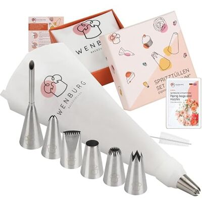 Wenburg Premium spuitzakken, 7 grote spuitmonden, katoenen spuitzak 35 cm, adapter, professionele roestvrijstalen opzetstukken voor cake, taarten, koekjesdecoratie, cadeaueditie Wenburg Premium spuitzakken, 7 grote spuitmonden, katoenen spuitzak 35 cm, adapter, professionele roestvrijstalen opzetstukken voor cake, taarten, koekjesdecoratie, cadeaueditie