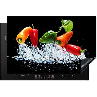 KitchenYeah © Beschermplaat, inductie, 81 x 52 cm, decoratieve keuken, accessoires, praktische bescherming van glaskeramiek, chili, zwart, groenten, water, blad KitchenYeah © Beschermplaat, inductie, 81 x 52 cm, decoratieve keuken, accessoires, praktische bescherming van glaskeramiek, chili, zwart, groenten, water, blad