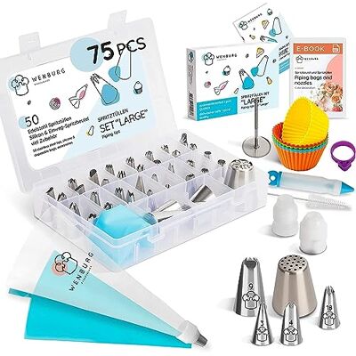 Wenburg Professionele spuitmondenset voor gebak, 75-delig, verschillende spuitzakken, gebak, spuitmonden met veel bakaccessoires, inclusief E-Book (grote set) Wenburg Professionele spuitmondenset voor gebak, 75-delig, verschillende spuitzakken, gebak, spuitmonden met veel bakaccessoires, inclusief E-Book (grote set)