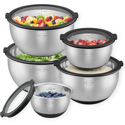 SILBERTHAL Set van 5 roestvrijstalen mengkommen met deksel Voor deeg, salade en restjes van het vakantiediner. Antislip siliconen bodem, hermetisch gesloten, stapelbaar SILBERTHAL Set van 5 roestvrijstalen mengkommen met deksel Voor deeg, salade en restjes van het vakantiediner. Antislip siliconen bodem, hermetisch gesloten, stapelbaar