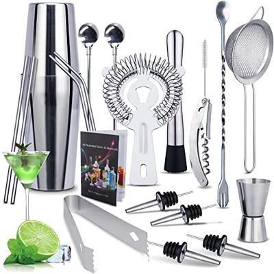 MAISITOO Cocktailshaker van roestvrij staal, 750 ml/600 ml, professioneel, 20 stuks, cocktailshaker, barmanset met accessoires, geschenkdoos, bargereedschap met recept MAISITOO Cocktailshaker van roestvrij staal, 750 ml/600 ml, professioneel, 20 stuks, cocktailshaker, barmanset met accessoires, geschenkdoos, bargereedschap met recept