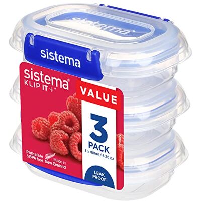 Sistema Klip It Plus Set van 3 luchtdichte voedselopslagcontainers, 180 ml, waterdichte sluiting, eenvoudige vergrendelingsclips, BPA-vrij Sistema Klip It Plus Set van 3 luchtdichte voedselopslagcontainers, 180 ml, waterdichte sluiting, eenvoudige vergrendelingsclips, BPA-vrij