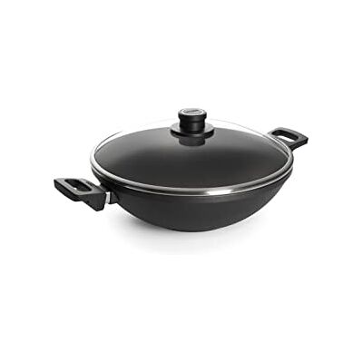 Woll Nowo Titanium Wok en mengpan met glazen deksel in doos Inductief, Ø 32 cm, hoogte 11 cm, met 2 handgrepen aan de zijkant geschikt voor alle warmtebronnen Woll Nowo Titanium Wok en mengpan met glazen deksel in doos Inductief, Ø 32 cm, hoogte 11 cm, met 2 handgrepen aan de zijkant geschikt voor alle warmtebronnen