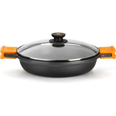 BRA Efficient Lage kookpan 28 cm, gegoten aluminium, met antiaanbaklaag Teflon Platiunm Plus zonder PFOA, met glazen deksel en afneembare siliconen handgrepen, voor alle warmtebronnen inclusief inductie BRA Efficient Lage kookpan 28 cm, gegoten aluminium, met antiaanbaklaag Teflon Platiunm Plus zonder PFOA, met glazen deksel en afneembare siliconen handgrepen, voor alle warmtebronnen inclusief inductie