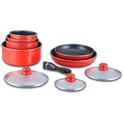 Herzberg Kookgereiset, inductie, pannenset met pan, geschikt voor alle warmtebronnen, met afneembare handgreep, 10-delig, HG-5000, rood Herzberg Kookgereiset, inductie, pannenset met pan, geschikt voor alle warmtebronnen, met afneembare handgreep, 10-delig, HG-5000, rood