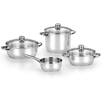 Monix Optima 2 x 4 stuks 18/10 roestvrijstalen batterij geschikt voor alle soorten koken en inductie: steelpan 20 cm en 24 cm glas en steelpan 16 cm zonder deksel Monix Optima 2 x 4 stuks 18/10 roestvrijstalen batterij geschikt voor alle soorten koken en inductie: steelpan 20 cm en 24 cm glas en steelpan 16 cm zonder deksel