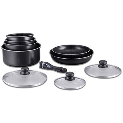 Herzberg Kookgereiset Pannenset Inductie Set Potten en Pannen voor Elk Fornuis Kookset met Stenen Coating en Afneembare Handgreep 10-delig HG-5000 Zwart Herzberg Kookgereiset Pannenset Inductie Set Potten en Pannen voor Elk Fornuis Kookset met Stenen Coating en Afneembare Handgreep 10-delig HG-5000 Zwart