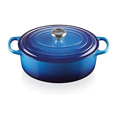 Le Creuset Signature geëmailleerde gietijzeren braadpan met deksel, 29 cm, ovaal, 4,7 liter, 4,675 kg, Azuurblauw, 21178292202430 Le Creuset Signature geëmailleerde gietijzeren braadpan met deksel, 29 cm, ovaal, 4,7 liter, 4,675 kg, Azuurblauw, 21178292202430