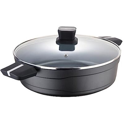 San Ignacio Lage pot 28 x 8,0 cm van gegoten aluminium, inductie, met grijs bistrodeksel San Ignacio Lage pot 28 x 8,0 cm van gegoten aluminium, inductie, met grijs bistrodeksel