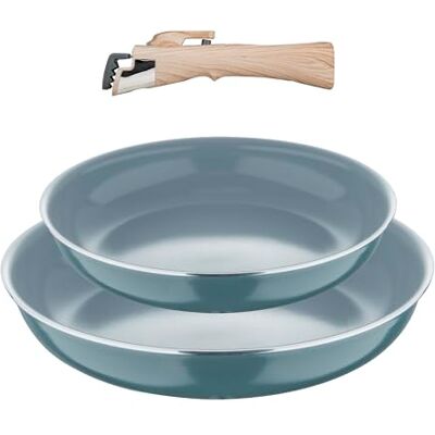 Bergner CLICK&COOK Braadpannenset (22 + 26 cm) met afneembare handgreep, geperst aluminium, grijze binnencoating, geschikt voor inductie, groen Bergner CLICK&COOK Braadpannenset (22 + 26 cm) met afneembare handgreep, geperst aluminium, grijze binnencoating, geschikt voor inductie, groen
