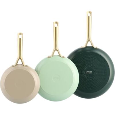 GreenPan Shades Set van 3 keramische pannen met antiaanbaklaag, Ø 20/24/28 cm, PFAS-vrij, geschikt voor inductie, goudkleurige roestvrijstalen handgreep, vaatwasmachinebestendig, ovenbestendig, naturel GreenPan Shades Set van 3 keramische pannen met antiaanbaklaag, Ø 20/24/28 cm, PFAS-vrij, geschikt voor inductie, goudkleurige roestvrijstalen handgreep, vaatwasmachinebestendig, ovenbestendig, naturel