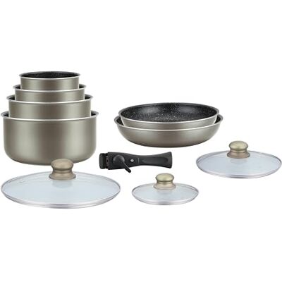 Herzberg Kookgerei inductie pannenset pannenset voor alle warmtebronnen steencoating kookset met afneembare handgreep 10-delig HG-5000 Carbon Herzberg Kookgerei inductie pannenset pannenset voor alle warmtebronnen steencoating kookset met afneembare handgreep 10-delig HG-5000 Carbon