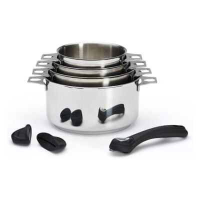 DE BUYER Set van 4 uitneembare MILADY TWISTY roestvrijstalen pannen, 1 staart en 2 handgrepen van zwarte siliconen diameter 14/16/18/20 cm grijs DE BUYER Set van 4 uitneembare MILADY TWISTY roestvrijstalen pannen, 1 staart en 2 handgrepen van zwarte siliconen diameter 14/16/18/20 cm grijs